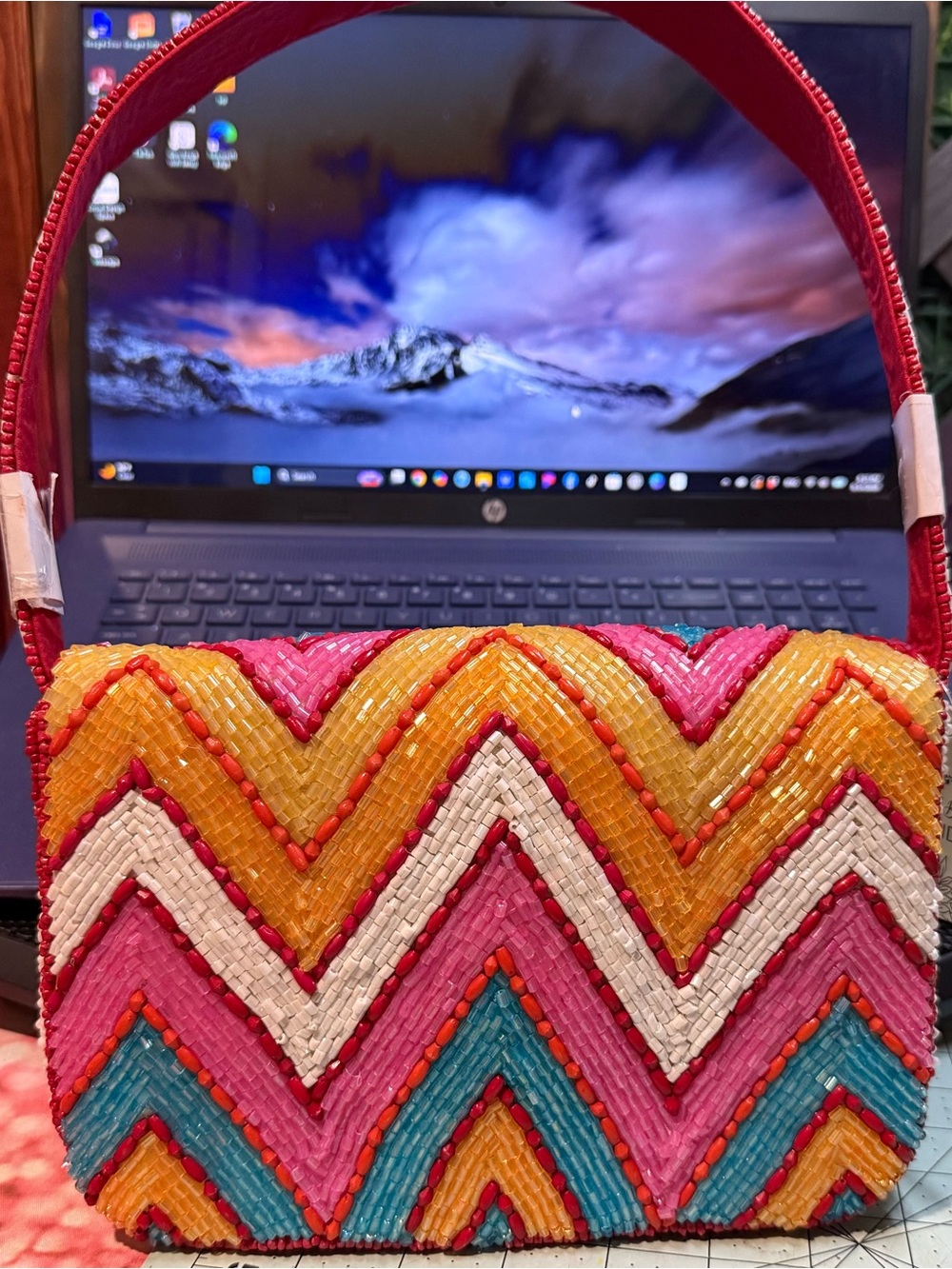 Colorful Beaded Chevron Wristlet Clutch - Pink Multi